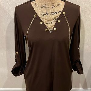 MICHAEL KORS Brown and gold blouse, V-neck, Roll-Tab Sleeve, Women’s size Small
